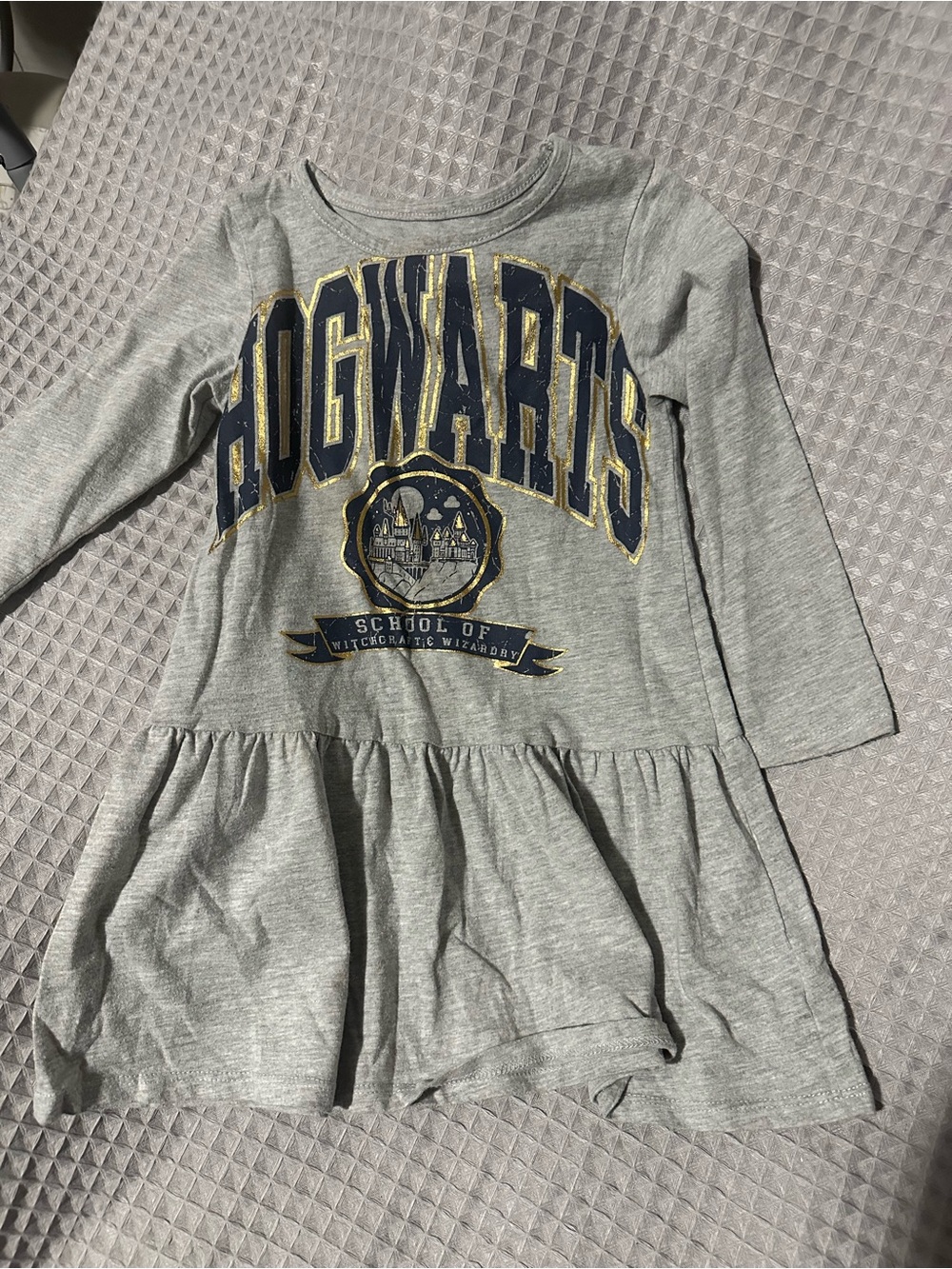 Warner Bros. Gray Hogwarts Long-Sleeve Peplum Dress with Navy & Gold Logo